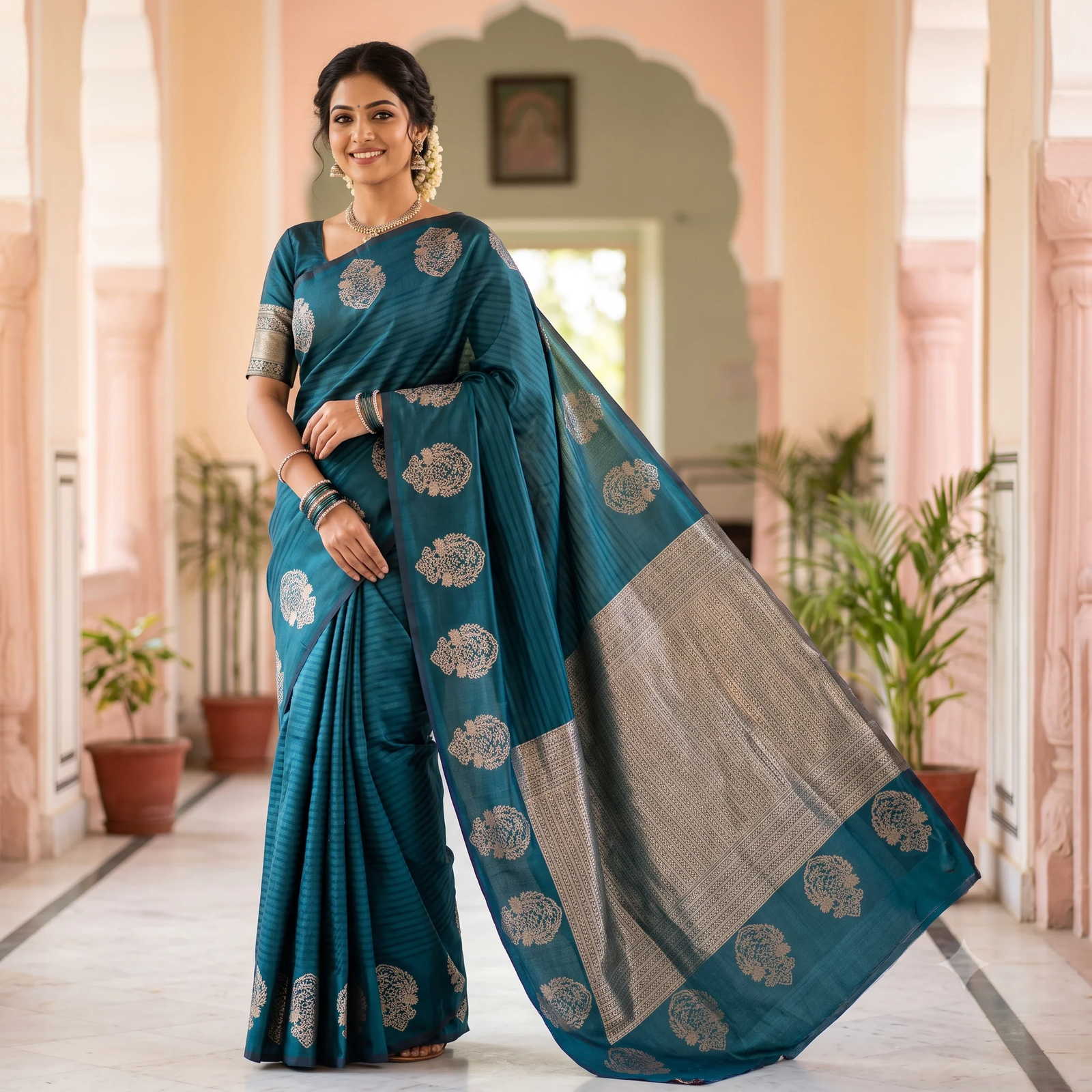 Emerald Green Brocade Silk Saree - Pallu & Border Detail