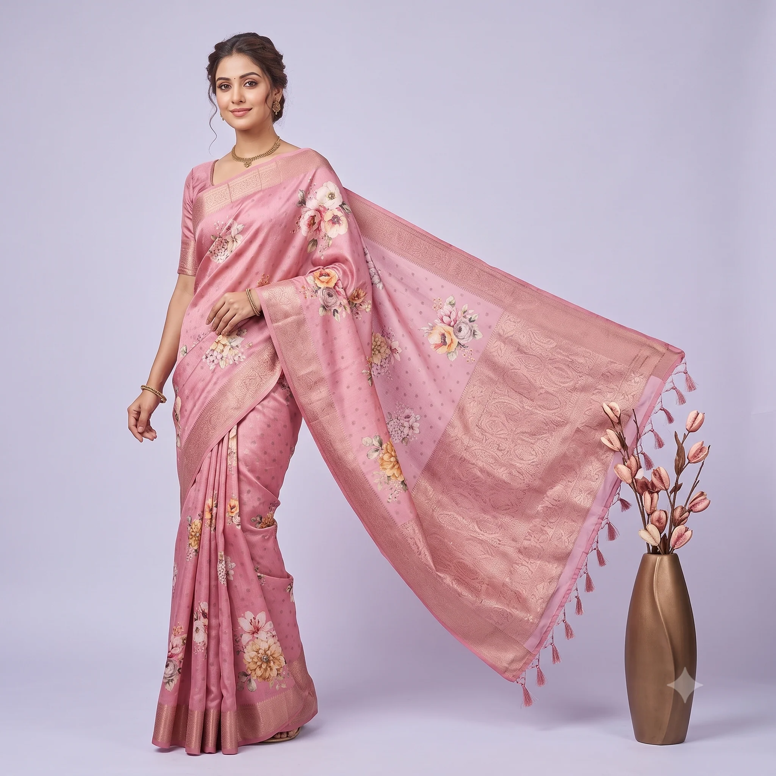 Yellow Printed Silk Saree - Pallu & Border Detail