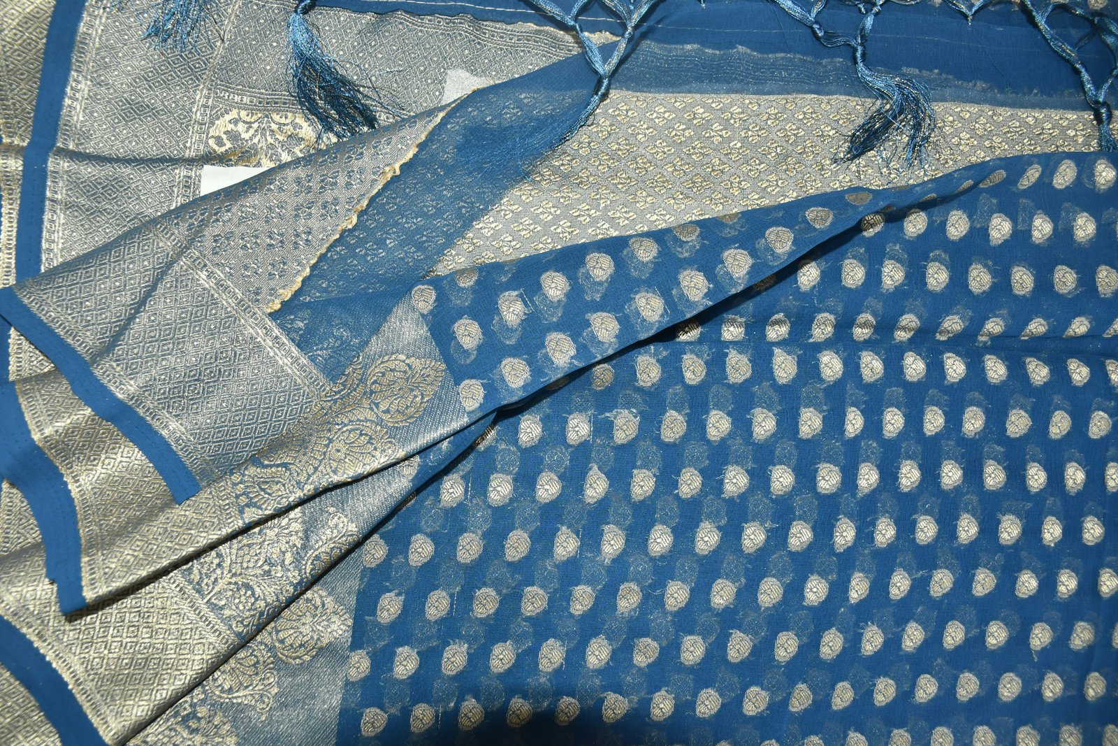 Peacock Blue Banarasi Silk Saree - Texture Showcase